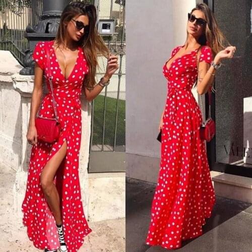 Women Bohemian Dots Printed Party Dress Short Sleeve V Neck Casual Dress 2020 Summer Fashion Split Women Long Dress