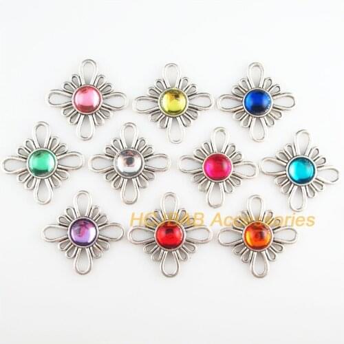 10 New Round Charms Mixed Acrylic Flower Connectors Tibetan Silver Tone 31mm