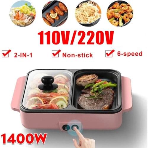 110V/220V 2 IN 1 Electric Hot Pot Cooker BBQ Grill Multicooker Electric BBQ Grill Non Stick Plate Barbecue Pan Hot Pot 1400W