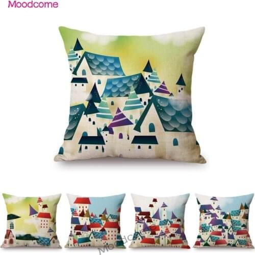 18" Nordic Cartoon Abstract House Modern Art Sofa Decoration Throw Pillow Case Cotton Linen Cozy Home Theme Car Cushion Cover