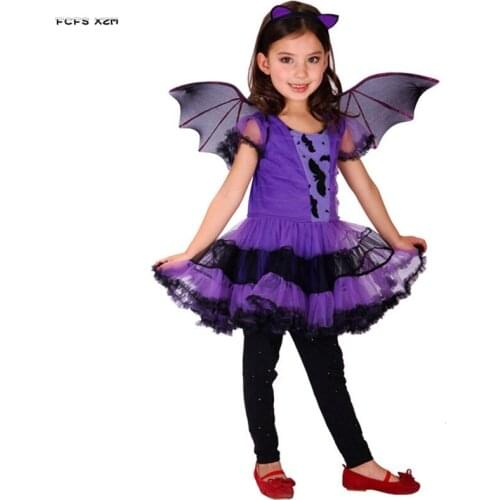 S-XXL Purple Girls Bat Cosplay Kids Children Halloween Vampire Costumes Carnival Purim parade Masquerade Role Play Party dress