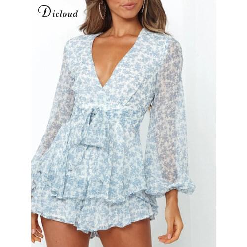 DICLOUD Elegant Rompers Woman V Neck Long Sleeve Blue Print Floral Ruffled Ladies Playsuits Fashion New Street Zipper Jumpsuits