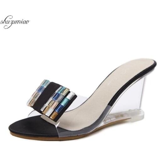 Hot! Slippers Women European and American Shoes Nightclub Sandals Pink Sequins Waterproof Transparent Wedges Mixed Colors Shoes