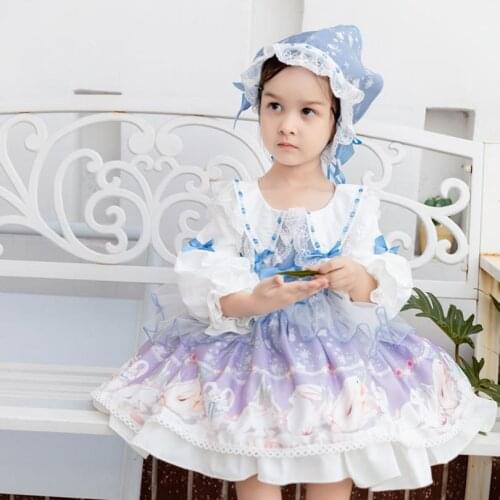 Spanish Palace Lolita Princess Dress Bow Lace Stitching Print Sweet Cute Ball Gown Birthday Party Easter Dress For Girls L586
