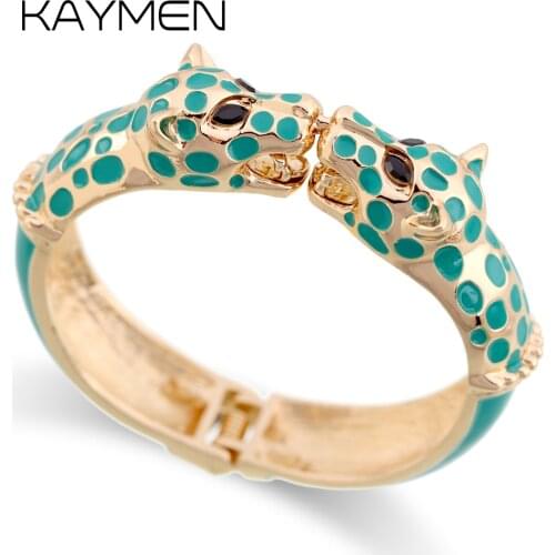 KAYMEN New Fashion Statement Animal Enamel Cuff Bracelets Bangle Gold Plated Colourful Double Leopards Bracelet for Women