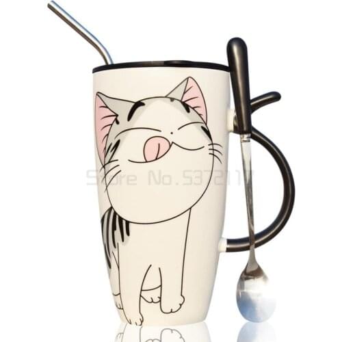 Ceramics Coffee Mug With Straw Lid Large Capacity 580ml Creative Cute Cat Drinkware Coffee Tea Cups Novelty Gifts milk cup