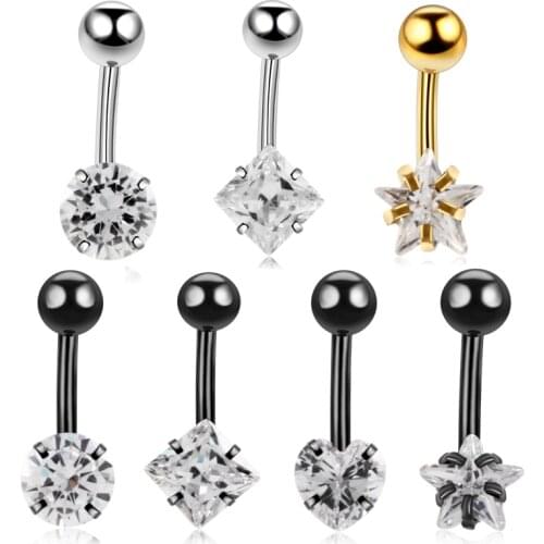 1Pc Surgical Steel Navel Piercing Round/Heart/Star/Square Crystal Belly Button Rings 4/5Prong Belly Piercing Body Jewelry 14G