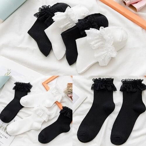 Japanese Lolita Mesh Crew Socks Sweet Ruffled Lace Frilly Hollow Cotton Hosiery