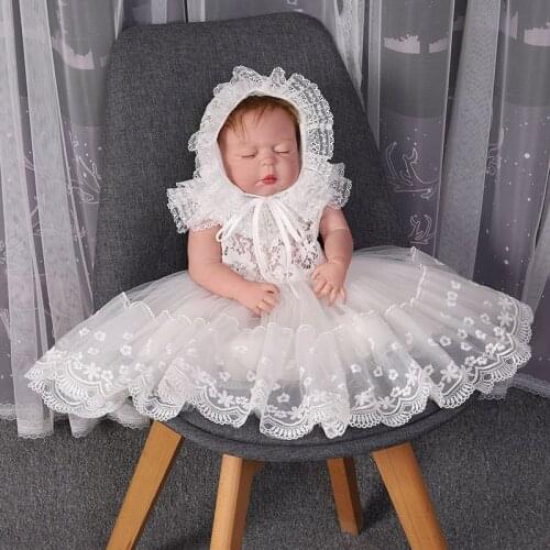 Baby Girl Ruffle Lace Baptism Dress Infant Short Sleeve Ivory Hollow Christening Gown with Hat 1 Year Birthday Dress for Newborn