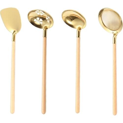 Kitchen Spatula Small Teppanyaki Spatula with Wooden Handle Soup Spoon Colander Stainless Steel Kitchen Cooking Utensils