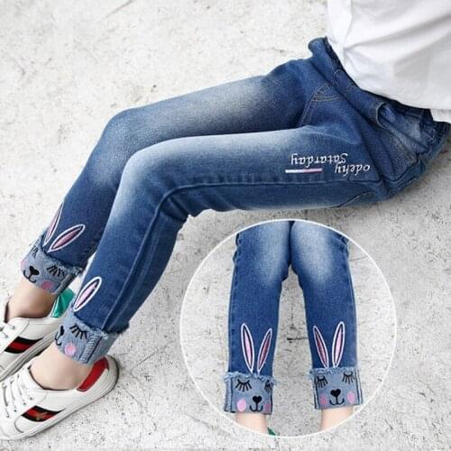 Fashion Girls Cartoon Rabbit Embroidered Jeans Kids Pants Korean Girls Slim-Fit Denim Trousers 3-12 Year Old Children’s Clothing