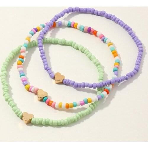 Multi-laye Bohemian Measle Beads Anklet Bracelet Set Heart Purple Green Rainbow Beaded Natural Stone Chains Bangle Boho Jewelry