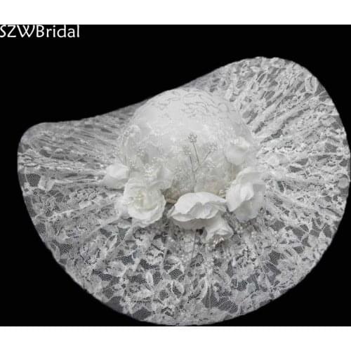 New Arrival Lace Bridal Hats 2021 Pearls Lace tocado novia Wedding Hats Veil For Bride Wedding Accessories Chapeau mariage