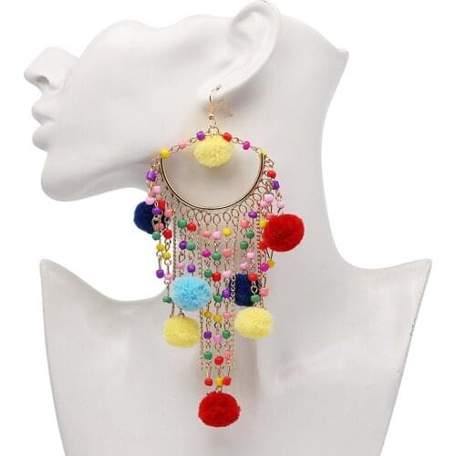 New Design Metal Alloy Plush Colorful Tassel Ethnic Style Dangle Earrings for Women Statement Jewelry Friendship Gift