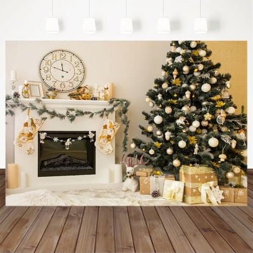 Christmas Backdrop Indoor Fireplace Clock Gift Sock White Photographic Background Christmas Tree Background for Photo Studio