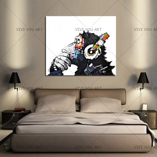 Hand Painted Canvas Oil Paintings Gorilla Enjoying Music Modern Animals Wall Pictures For Living Room Unframed Canvas Wall Art