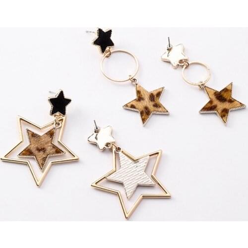 Sexy Leopard Print Geometry Double Stars Dangle Earrings Sweet & Large Pentagram Ear Jewelry Drop Shipping Hotsale