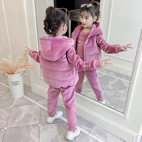 Winter Girls' Sports Suit Childrens Thickened Warm Sweater Childrens Plus Velvet Sportswear Vest 3-piece Set 4-12 Years Old