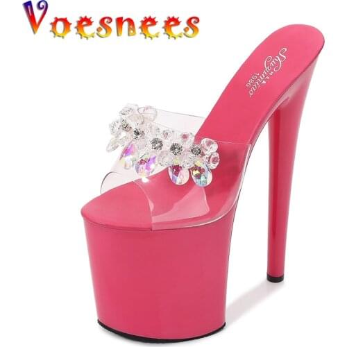 Voesnees Women Shoes Sexy High-Heels 20CM Platform Slippers Female Shoes Transparent Crystal Bead Waterproof Summer Ladies Slide
