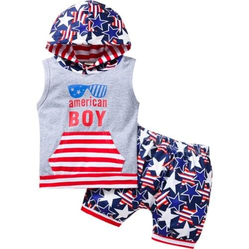 Stripe Letter Print Sleeveless Hooded Tops+ Star Print Shorts for Boys