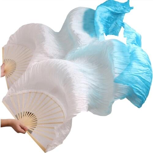 New Arrival 2018 High Quality 100% Real Silk Fabric Fans 1 Pair Handmade Women Silk Belly Dancing Fans White + Turquoise 180*90