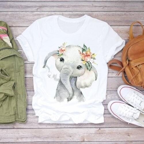 Ladies Womens Graphic Female Tee T-Shirt Women Cartoon Casual Short Sleeve Floral Flower Elephant Lady T-shirts Top T Shirt