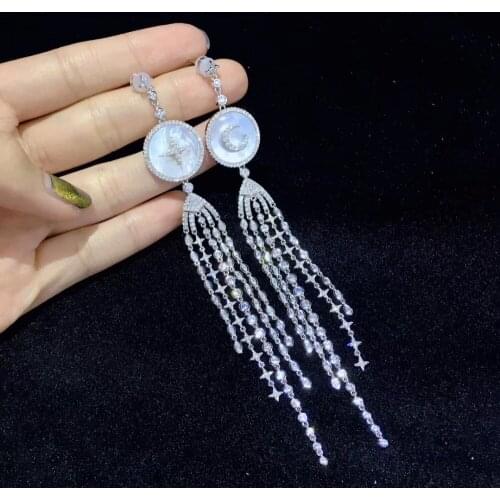 Natural sea shell earring long tassels moon star 925 sterling silver with cubic zircon fine women jewelry high quality