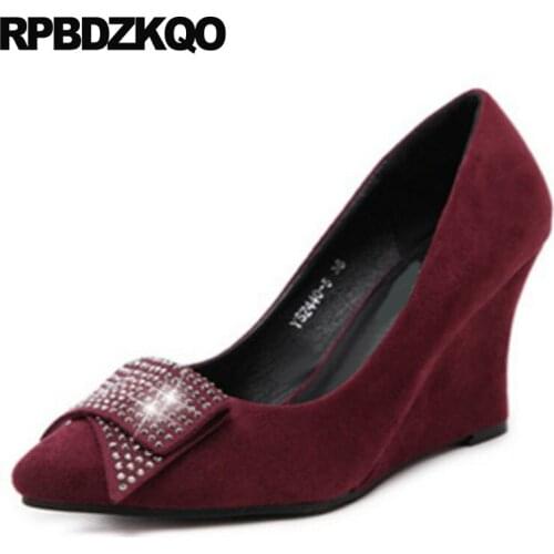 Rhinestone crystal medium heels red leopard print high shoes diamond 8cm big size ladies wedge suede cheap pointed toe 33 pumps