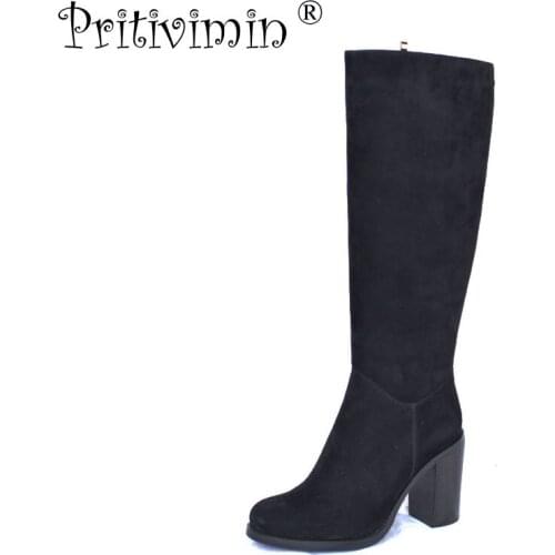 Pritivimin FN65 2018 fashion woman thick super high heel knee high boot female suede leather winter warm real fur lined shoe