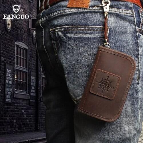 Genuine Leather Mens Key Wallet Multi-function Card Slot Smart Key Chain Key Rings Compass Embossed Money Bag With Hang buckle