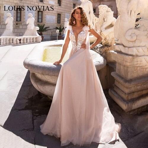 LOUIS NOVIAS Sexy V-neck Romantic Backless A-Line Wedding Dress 2019 Beaded Appliques 3D Flowers Wedding Gowns Vestido De Novia