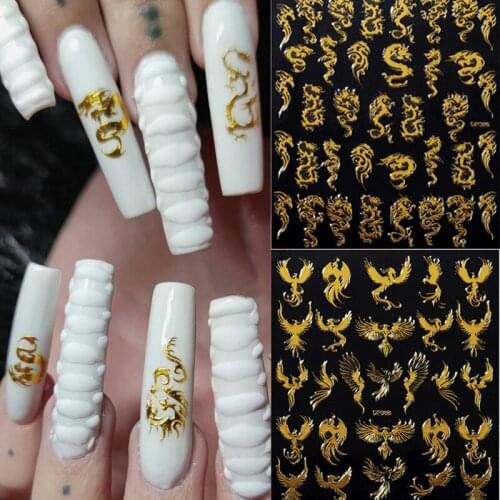 Gold Snake 3D Nail Art Stickers Colorful Dragon Phoenix Transfer Decals Adhensive Tips Slider Nail Decorations Manicure Tools