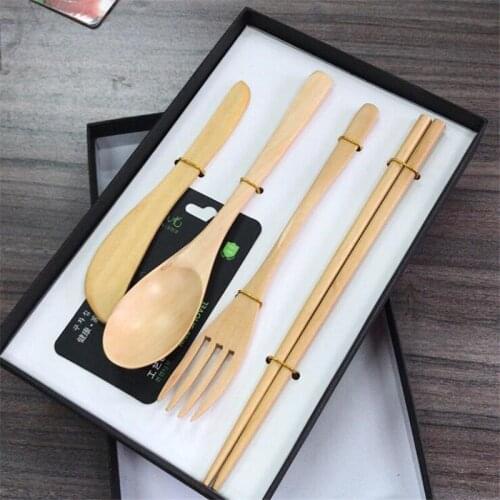 4Pcs/set Japanese Wooden Dinnerware Set Cutlery Set Wood Fork Knife With Kitchen Tools Picnic Travel Camping Outdoor
