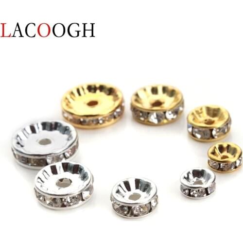 50pcs Metal Flat Gold Silver Color Rhinestone Rondelles Crystal Bead Loose Spacer Beads 6mm 8mm 10mm 12mm for DIY Jewelry Making