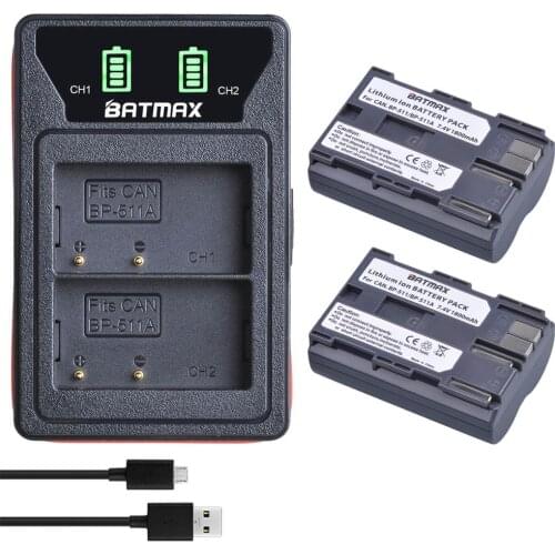2X BP-511A BP-511 BP 511 511A BP511 BP511A Battery + LED USB Dual Charger for Canon EOS 40D 300D 5D 20D 30D 50D 10D D60 G6