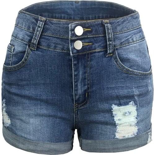 Double Bottom Denim Shorts New Fashion 2021 Sum Short Jeans Solid Color Streetwear Plus Size S-2XL Hole High Waist Elastic Jeans
