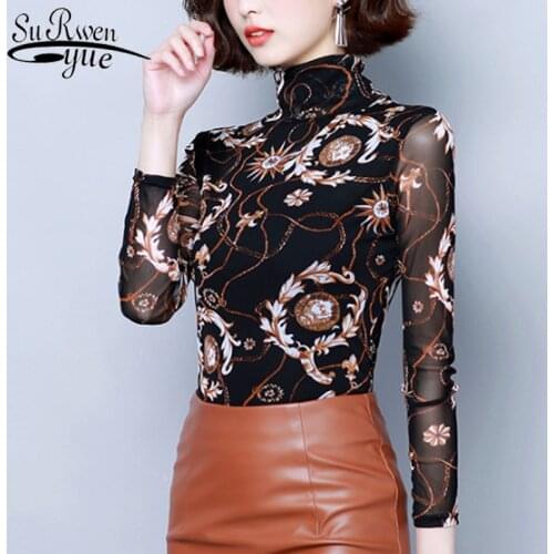 Elegant Fashion Women Printed Basic Shirts Casual Plus Size Ladies Top 2021 Autumn Long Sleeve Turtleneck Thin Women Top 6252 50