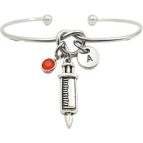 Injection Syringe Retro Creative Initial Letter Monogram Birthstone Adjustable Bracelet Fashion Jewelry Women Gift Pendant