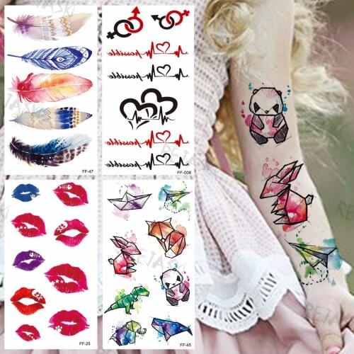 Colorful Panda Rabbit Paper Boat Cartoon Temporary Tattoos For Women Girls Feather Lips Fake Tattoo Sticker Arm Neck Tatoos 3D