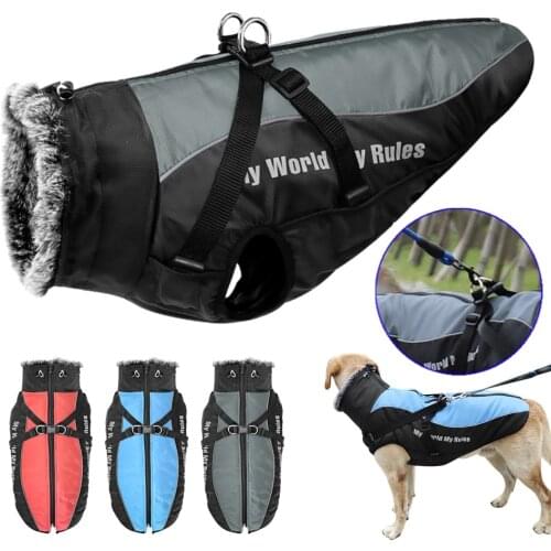 Large Dog Jacket Fur Collar Winter Dogs Clothes For Pet Waterproof Big Dog Coat With Removable Harness French Bulldog Pug Outfit