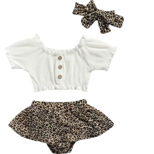 Citgeett Summer Infant Baby Girls Outfit Solid Color Short Sleeve Tops + Leopard Print Shorts + Bow Headwear Clothes Set