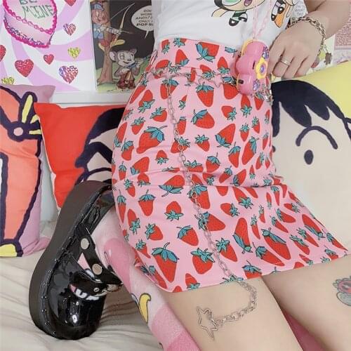 Japanese Harajuku Sweet Pink Women Skirt 2020 New Summer Strawberry Print Slit Thin A-line Skirt High Waist Bag Hip Female Skirt