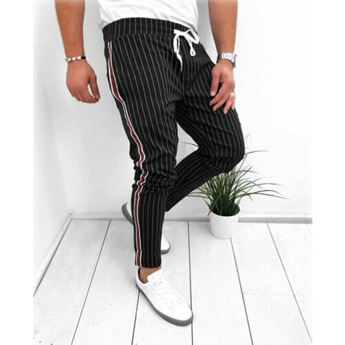 Men Striped Pants Casual Tunic Pencil Pants Man Summer Bodybuilding Running Pant Workout Sweatpant Black Gray Long Trousers