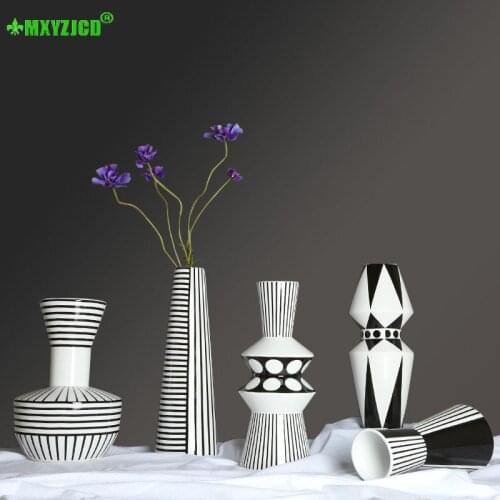 Nordic Home Decoration Geometric Black And White Pattern Ceramic Vase Villa Living Room Bedroom Medium-sized Ornaments