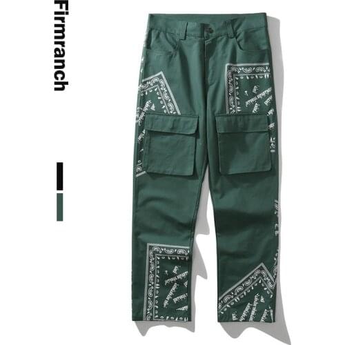 Firmranch New 2021 Men/Women Paisley Print Cargo Pants Casual Trousers Black&Green Vibe Straight Leg Loose Ins Long Slacks