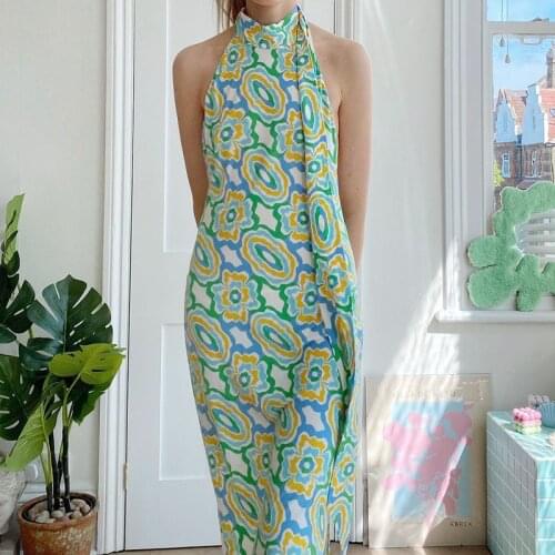 Paisley Floral Print Summer Backless Dress Bodycon Women Beach Sleeveless Sexy Off Shoulder Vintage Split Halter Maxi Dresses