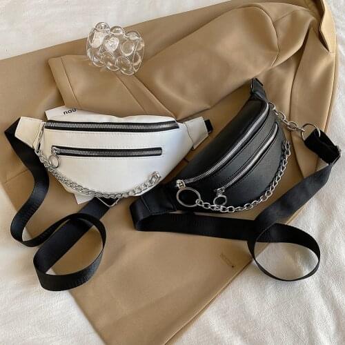 Casual Women Solid Color Fanny Waist Packs Fashion PU Leather Zipper Chest Bag Portable Travel Shoulder Crossbody Chain Purse