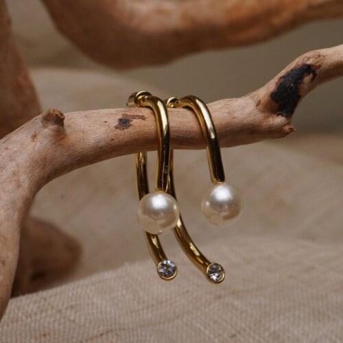 ALLNEWME Plain Simulation Pearl CZ Stone Pendant Earrings for Women Ladies Gold Color Alloy Geometric Earrings Accessories