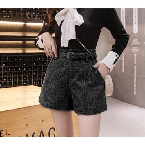 High Waist Outerwear Warm Shorts Casual with Belt A-Line Shorts New Autumn Winter Autumn Winter Women Wide Leg Woolen Shorts