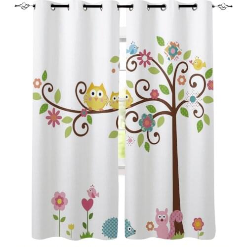 Cute Cartoon Kawaii Owl Squirrel White Curtains for Childrens Bedroom Living Room Kids Window Treatments Kitchen Drapes